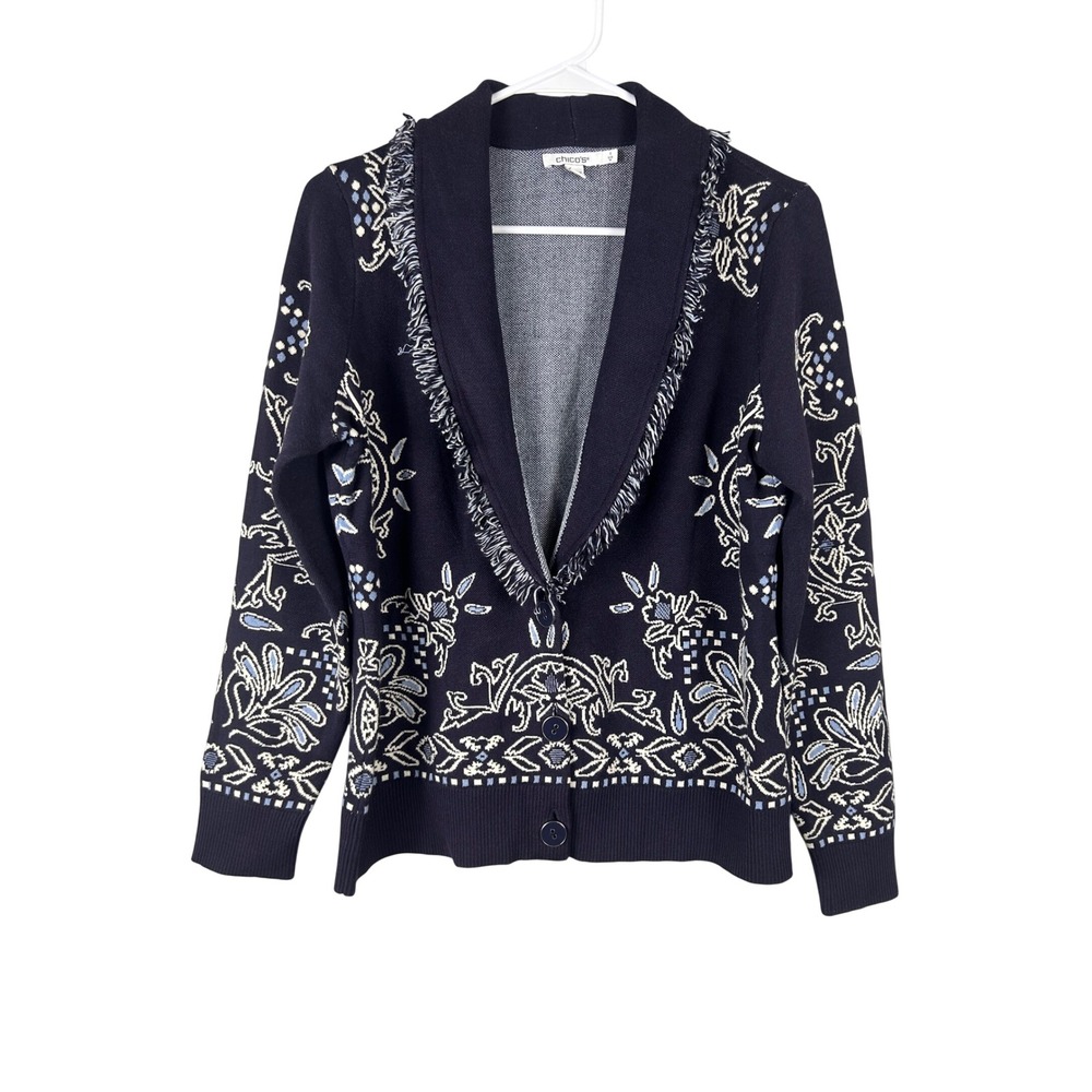 Chico's Navy Blue Floral Fringe Cardigan Sweater Career Fall Size Medium